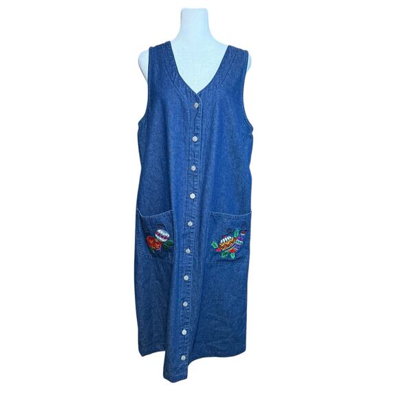 Original TY Wear Midi Dress‎ Women 12 Christmas Denim Jumper Embroidered Teacher - Picture 1 of 15